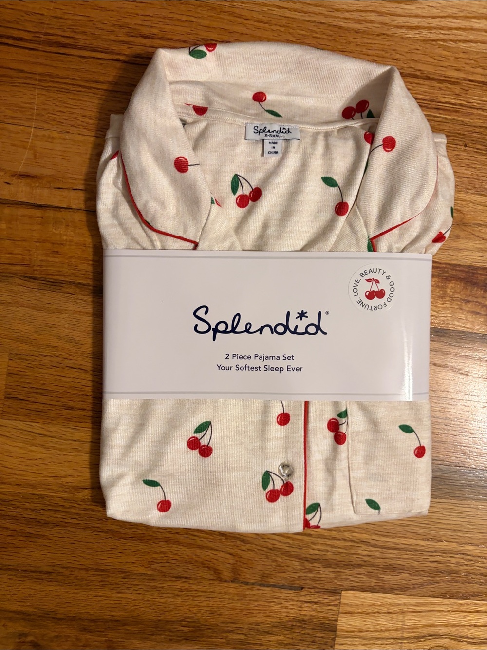Splendid Cream Pajama Set with Red Cherry Print